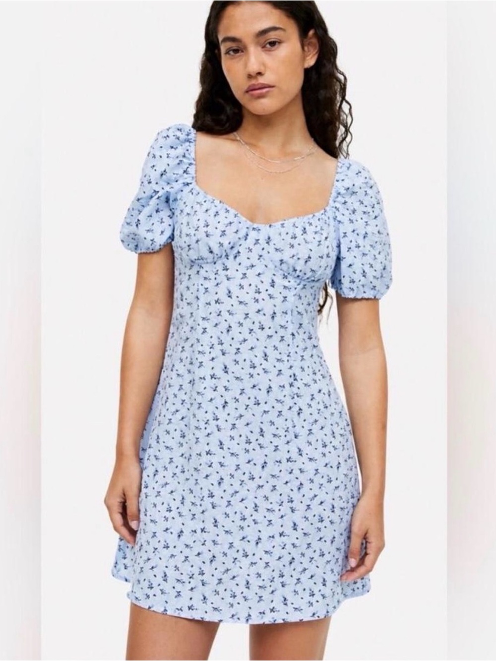 H&M Divided Light Blue Puff Sleeve Floral Sweetheart Sundress Size XS